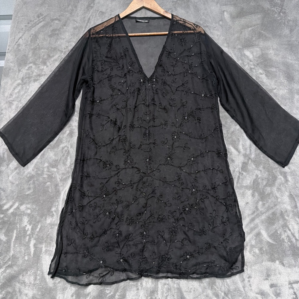 Vtg Beaded Tunic Womens Large Sheer Floral Overlay Whimsigoth Dark Romantic y2k